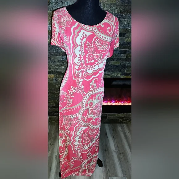 Travelers By Chicos Elegant Coral Paisley Print Dress Size 2/Large - Picture 2 of 7
